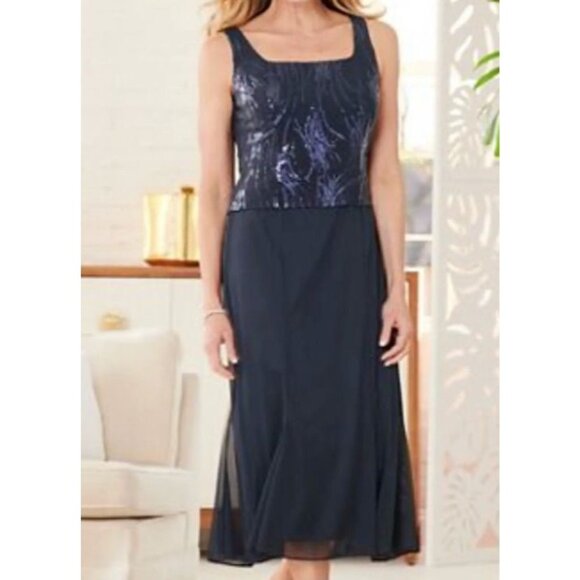 Alex Evenings Dress 16W Navy Blue Sequin Wedding Cruise Party Holiday NEW - Picture 1 of 8